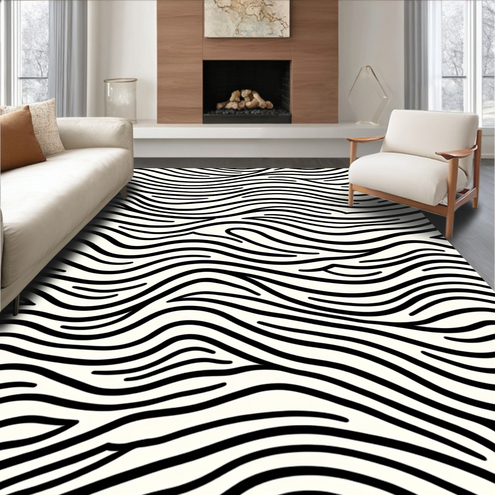 Abstract Wavy Black White Stripes Rug