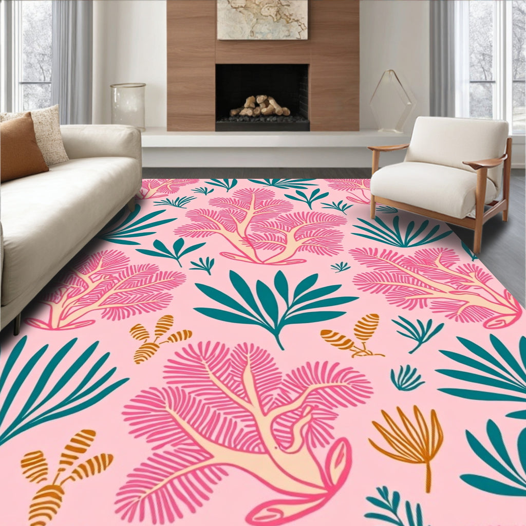 Coral Reef Pink Teal Botanical Design Rug