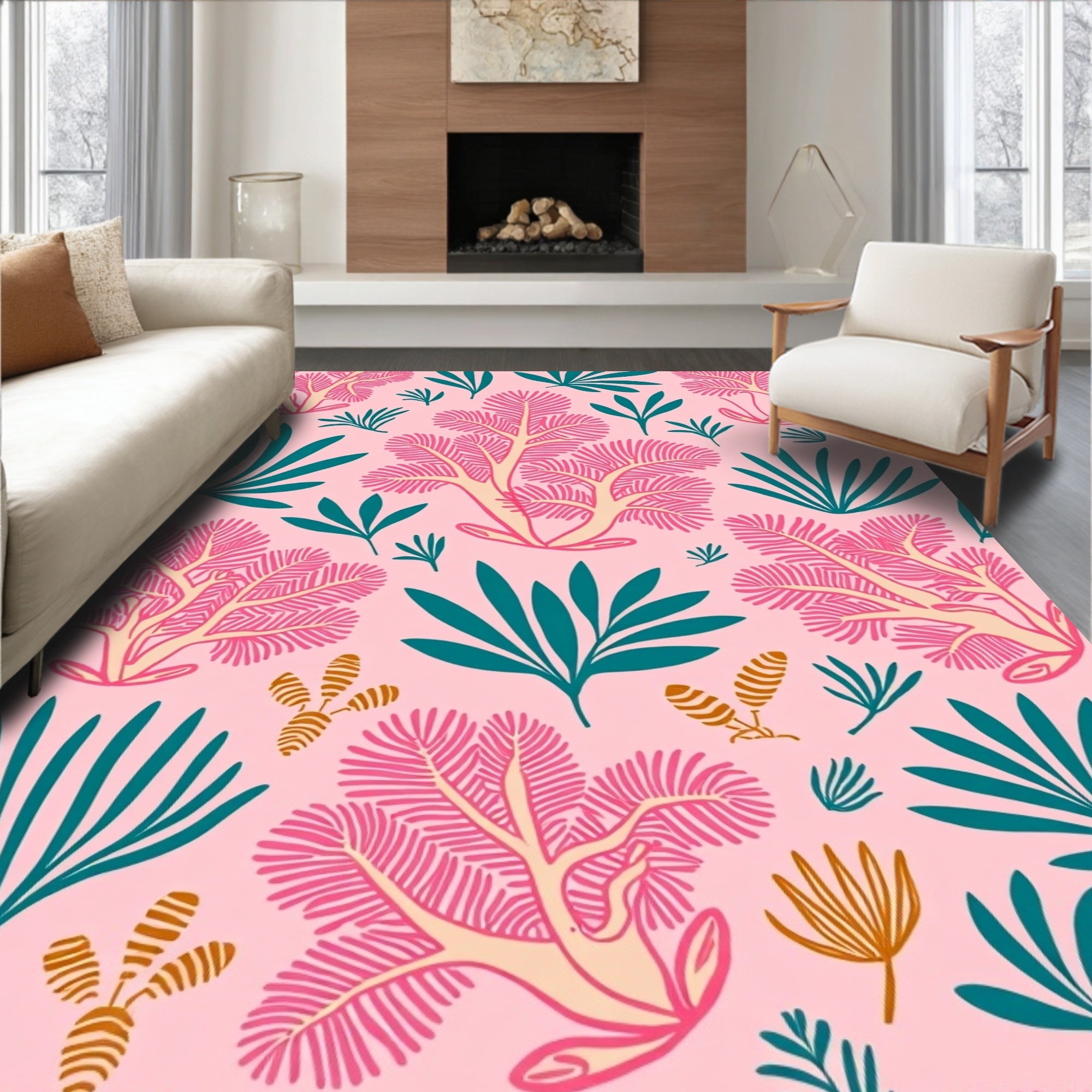 Coral Reef Pink Teal Botanical Design Rug