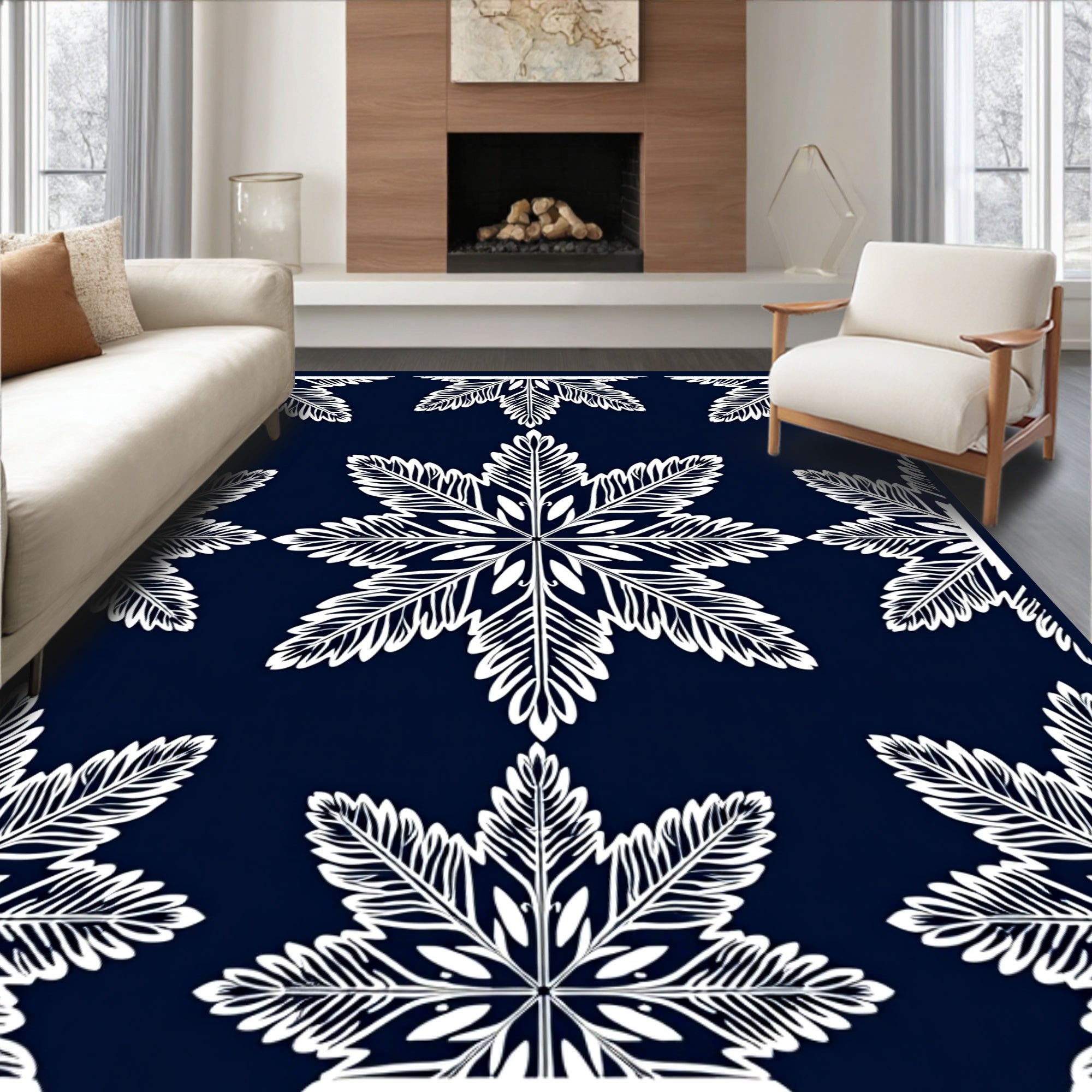 Deep Blue White Fern Medallion Rug