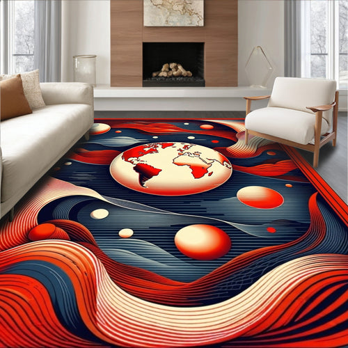 Abstract Globe With Red Waves Rug