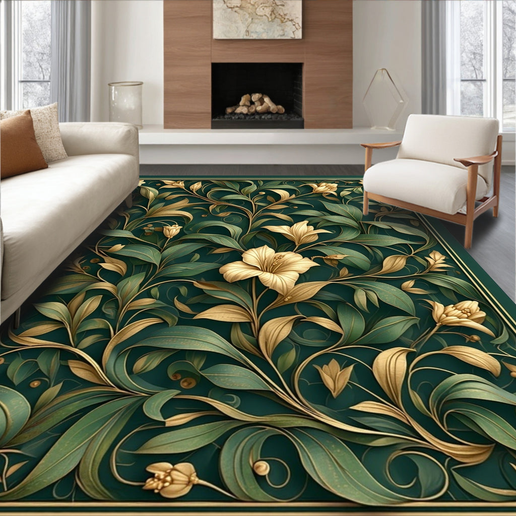 Rich Emerald Botanical Art Nouveau Rug