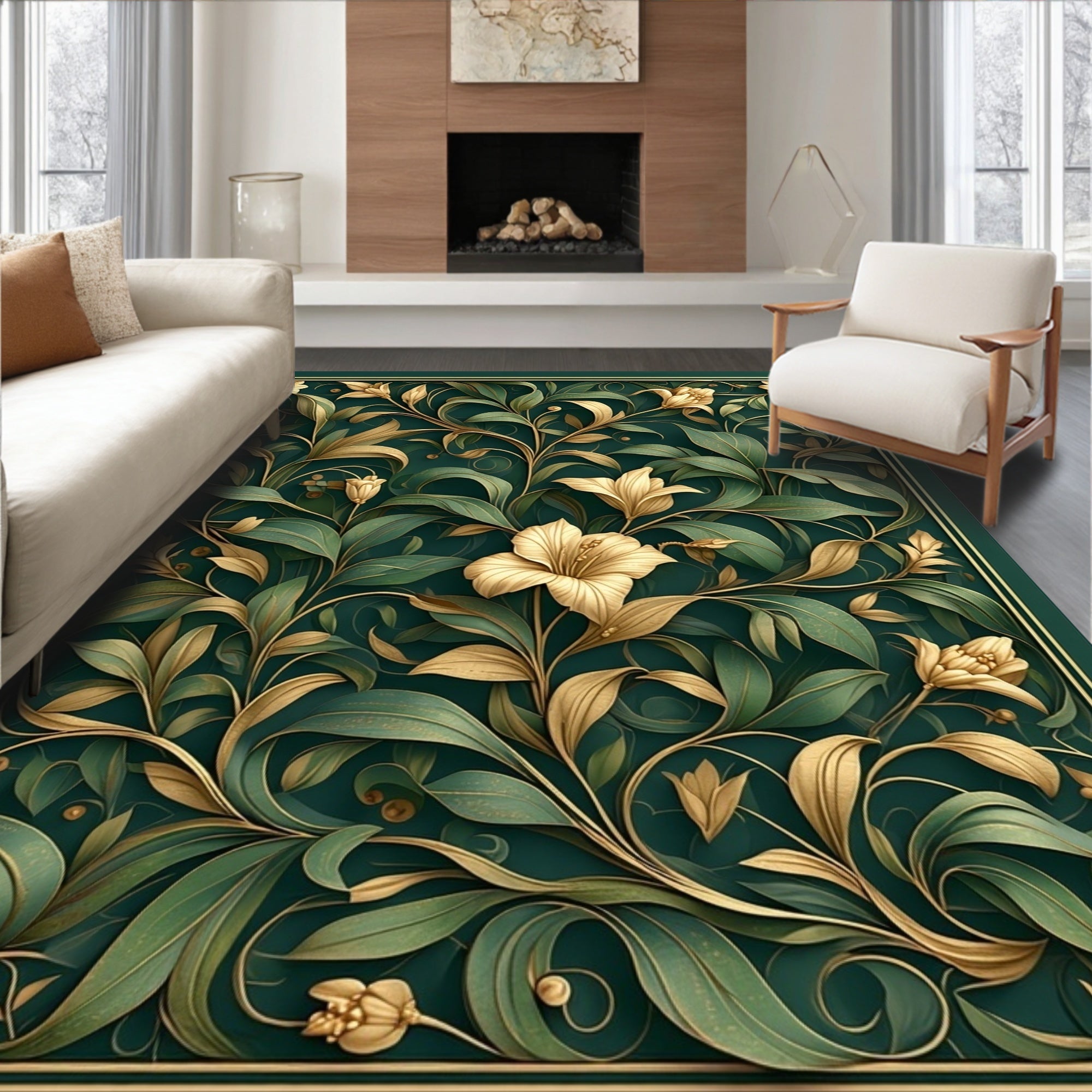 Rich Emerald Botanical Art Nouveau Rug