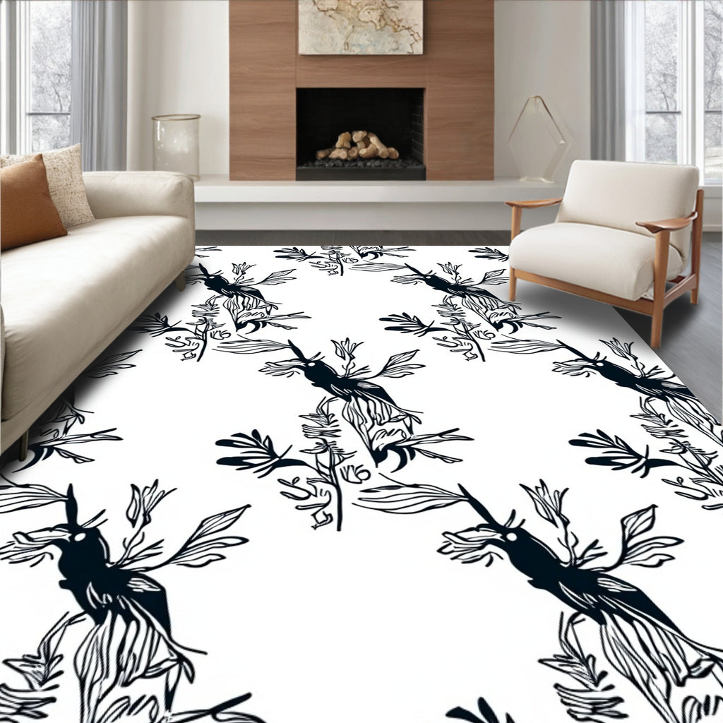 Stylized Black Bird Foliage Pattern Rug