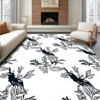 Stylized Black Bird Foliage Pattern Rug