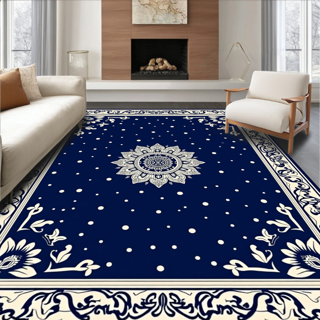Navy Cream Mandala Dot Pattern Rug