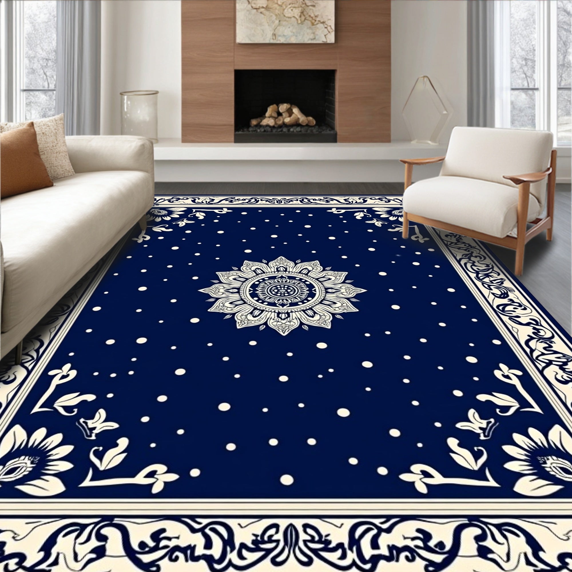 Navy Cream Mandala Dot Pattern Rug