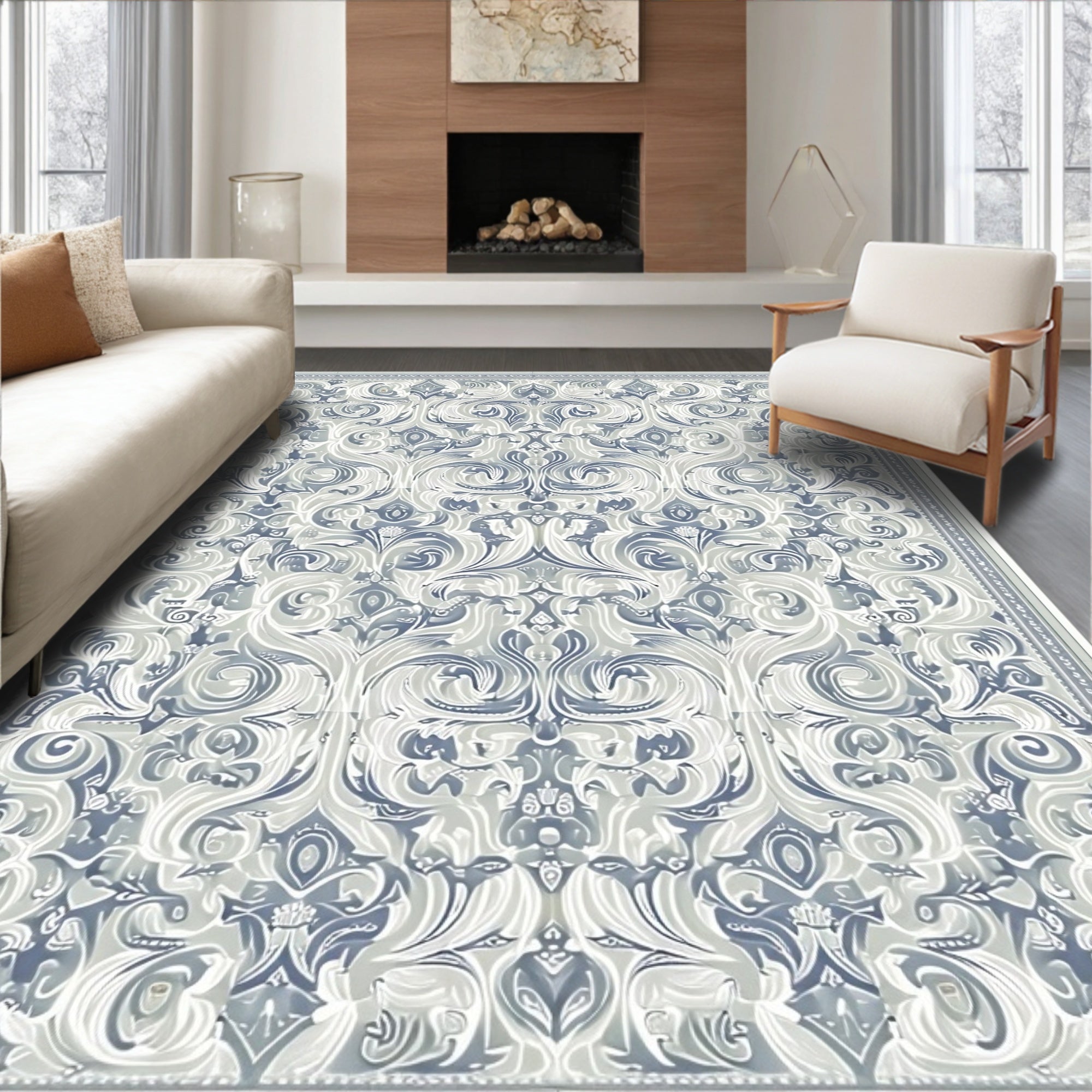 Ornate Floral Scrollwork Patterned Rug
