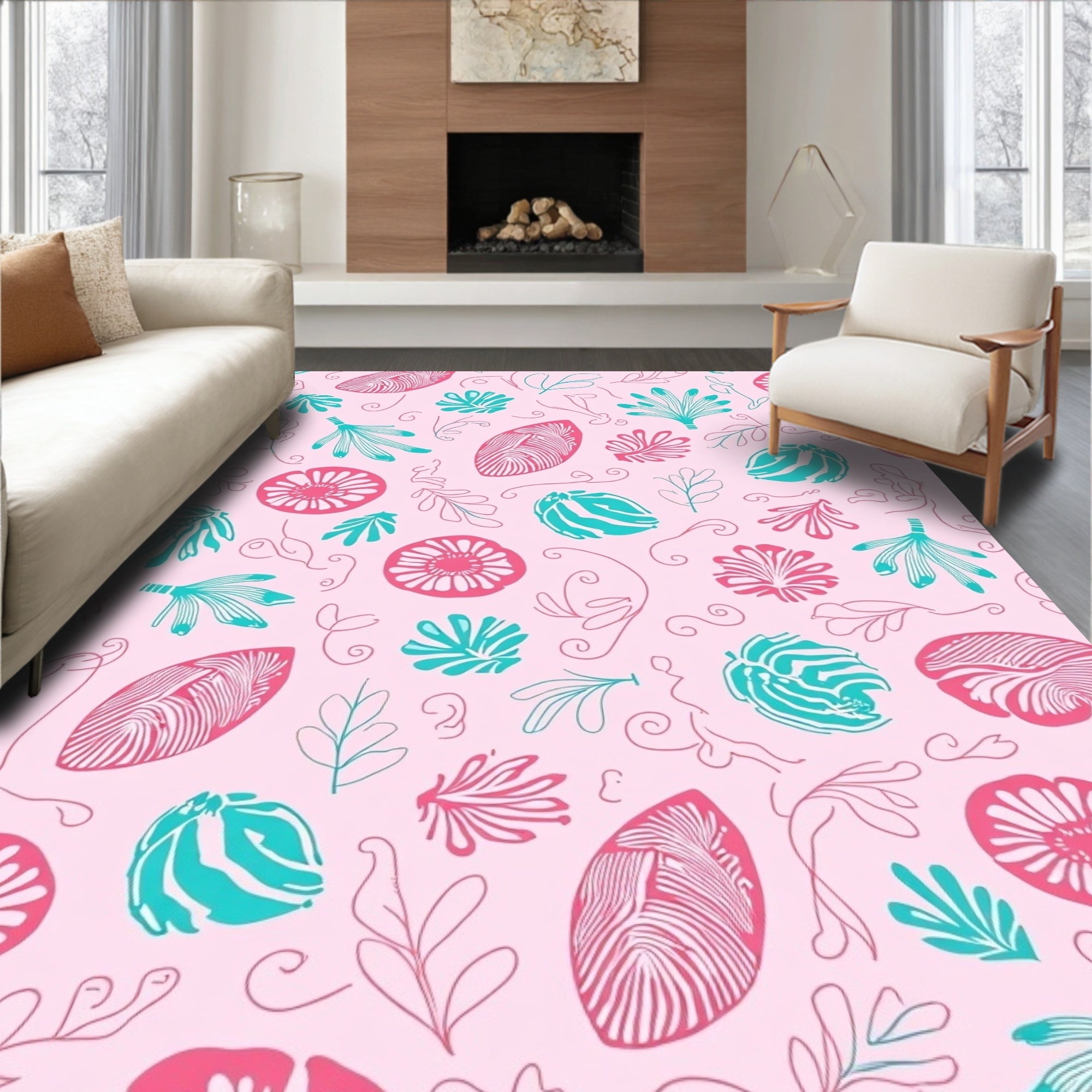 Pink Teal Whimsical Floral Leaf Pattern Rug
