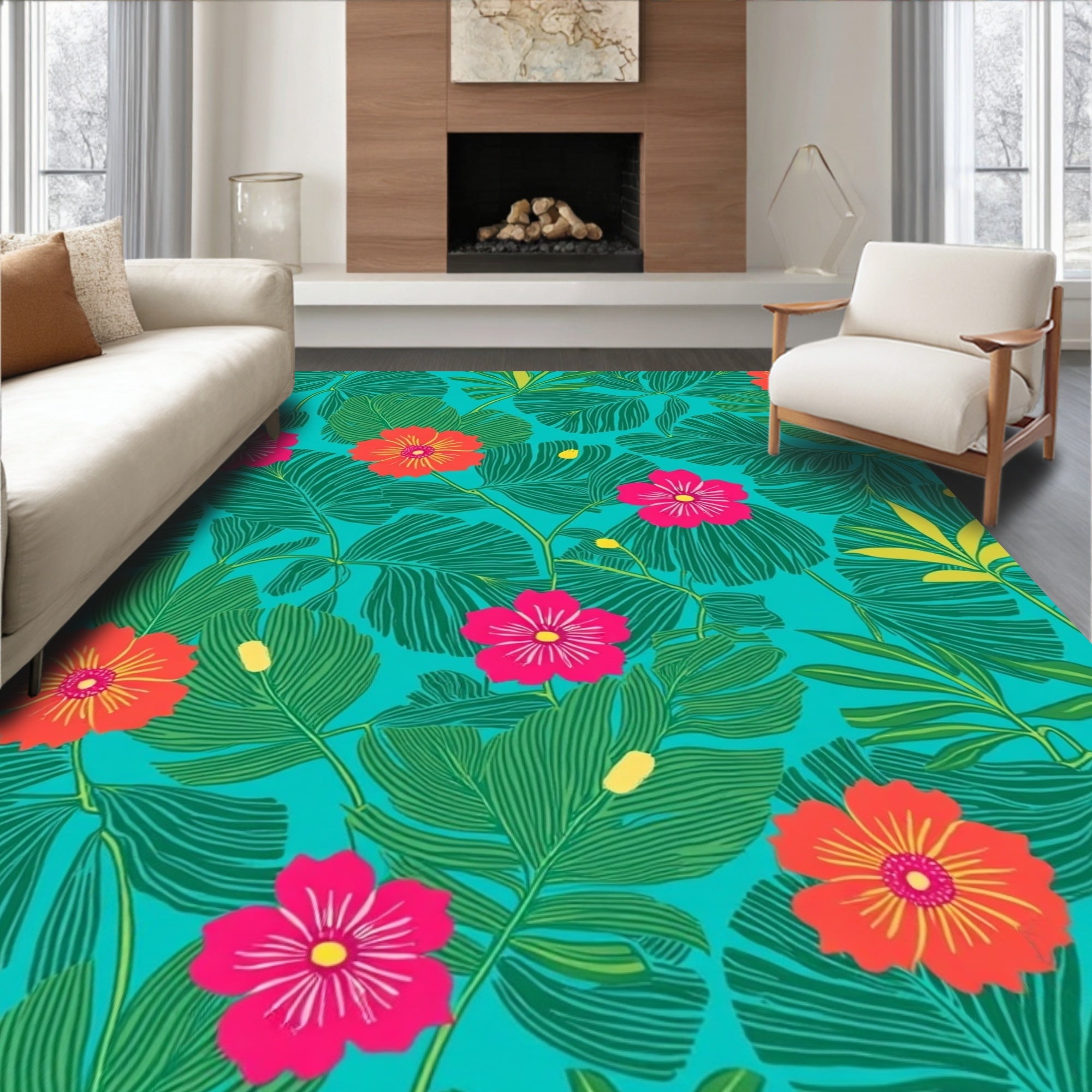 Vibrant Tropical Floral Leaf Pattern Rug