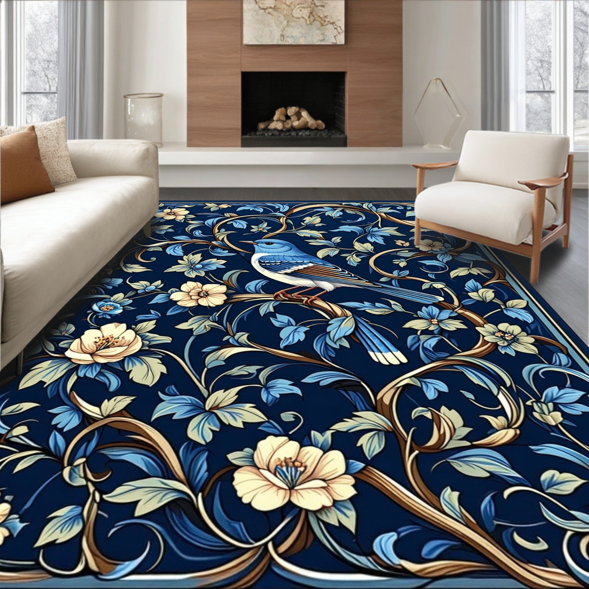Blue Bird Floral Vine Artwork Rug