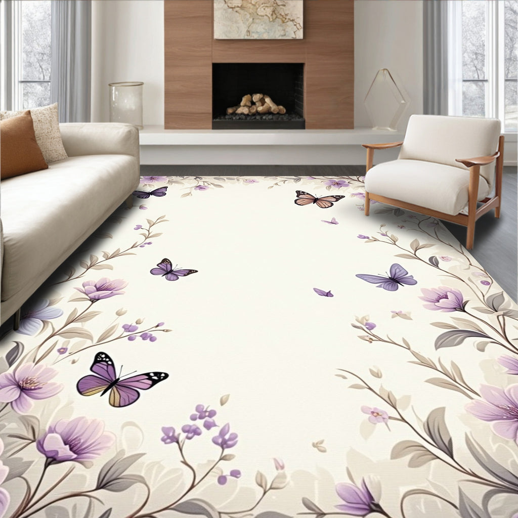 Whimsical Floral Butterfly Meadow Design Rug