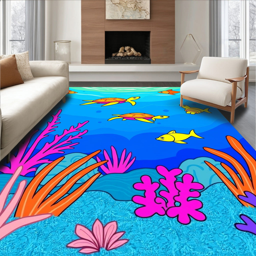 Whimsical Sea Turtle Coral Design Rug