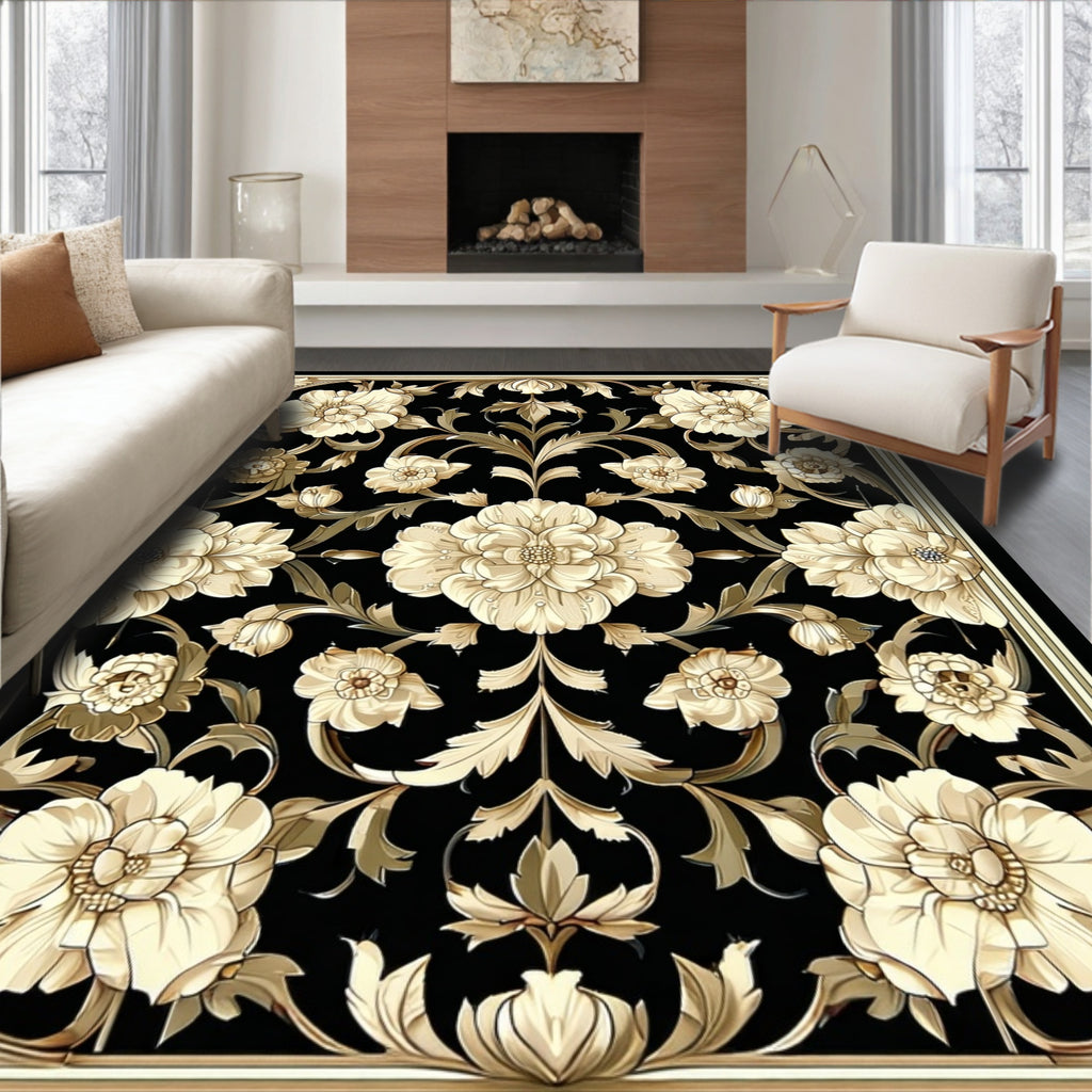 Elegant Floral Scrollwork Black Cream Rug