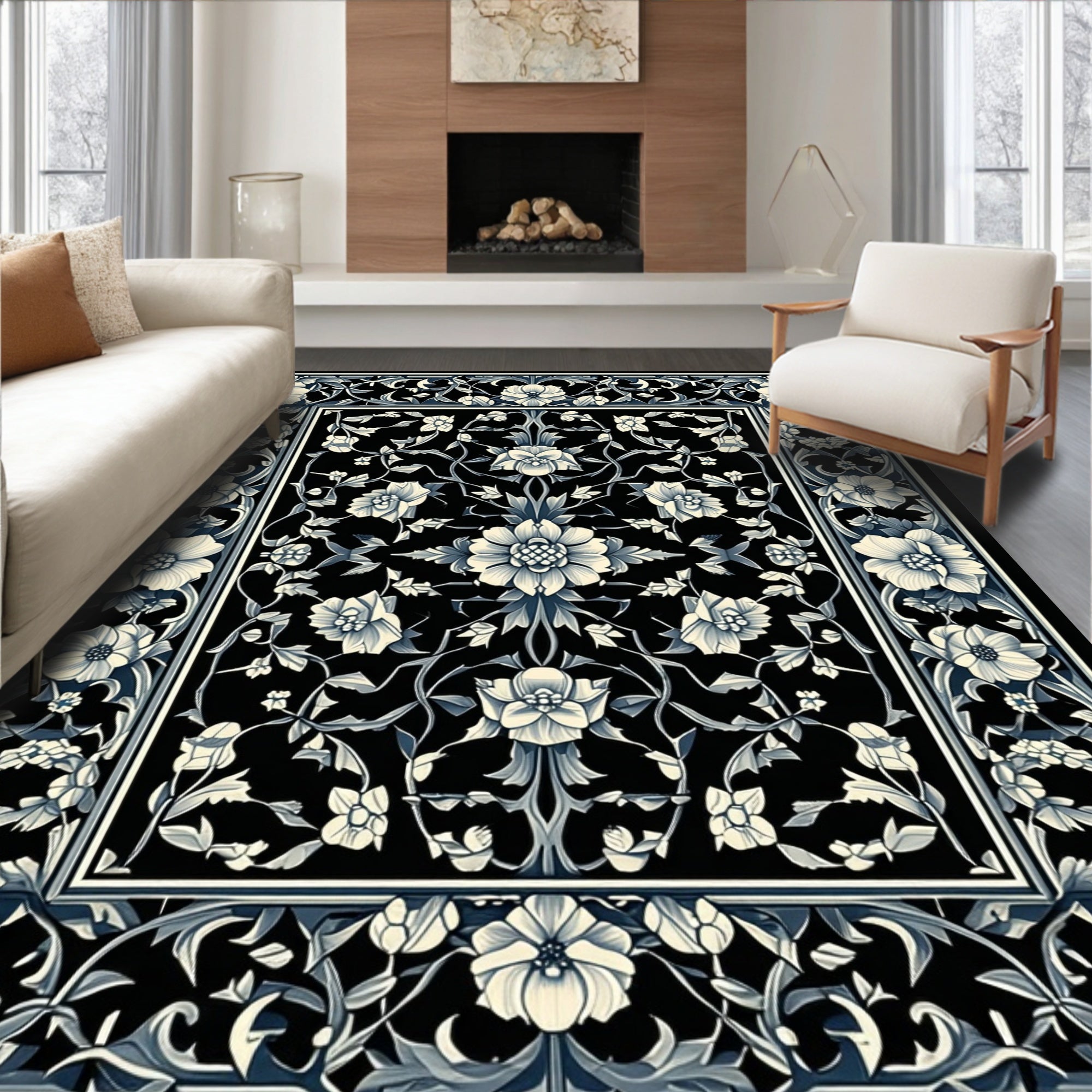 Intricate Floral Scroll Dark Pattern Rug