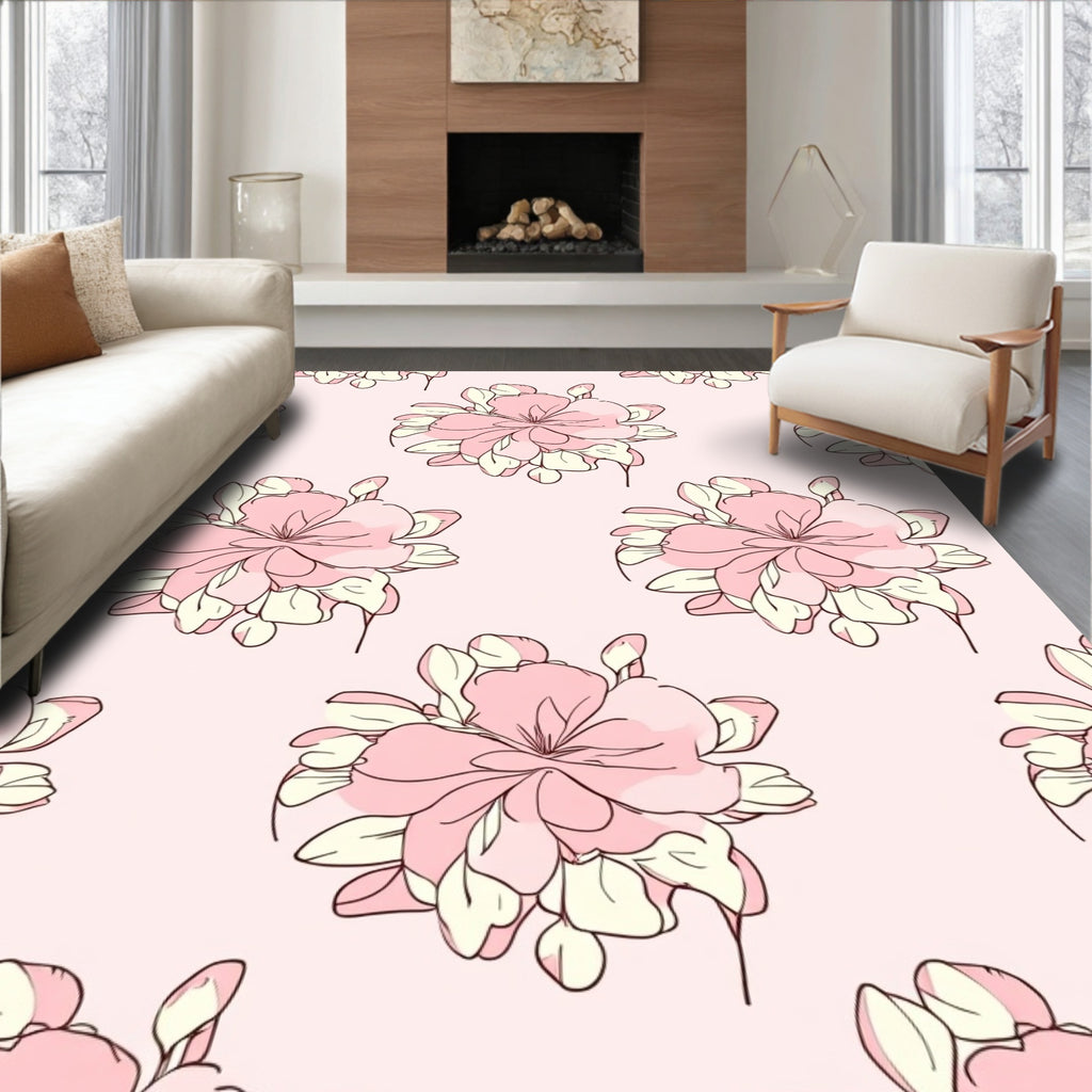 Soft Pink Floral Outline Pattern Rug
