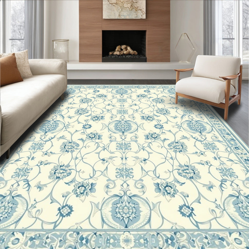 Ornate Blue Floral Border Pattern Rug