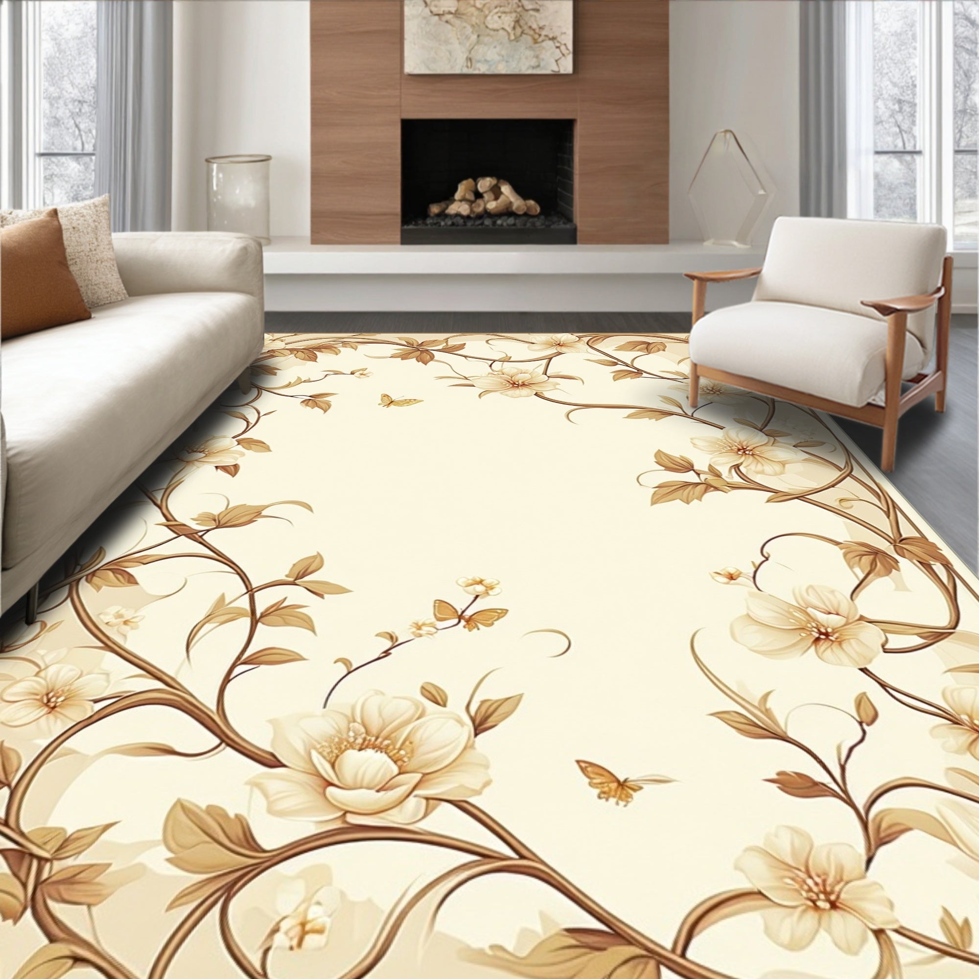 Elegant Floral Butterfly Vine Pattern Rug