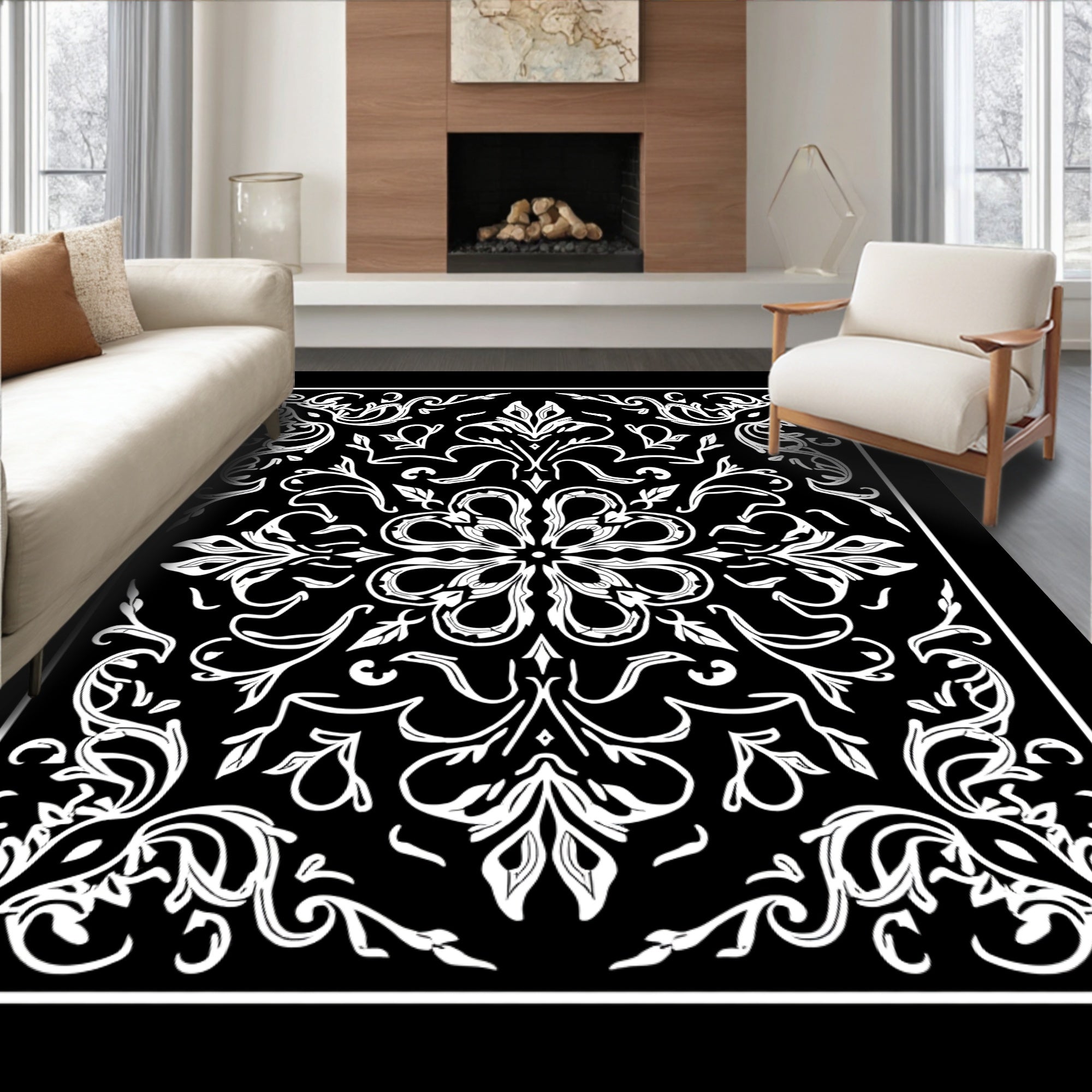 Black White Detailed Floral Medallion Rug