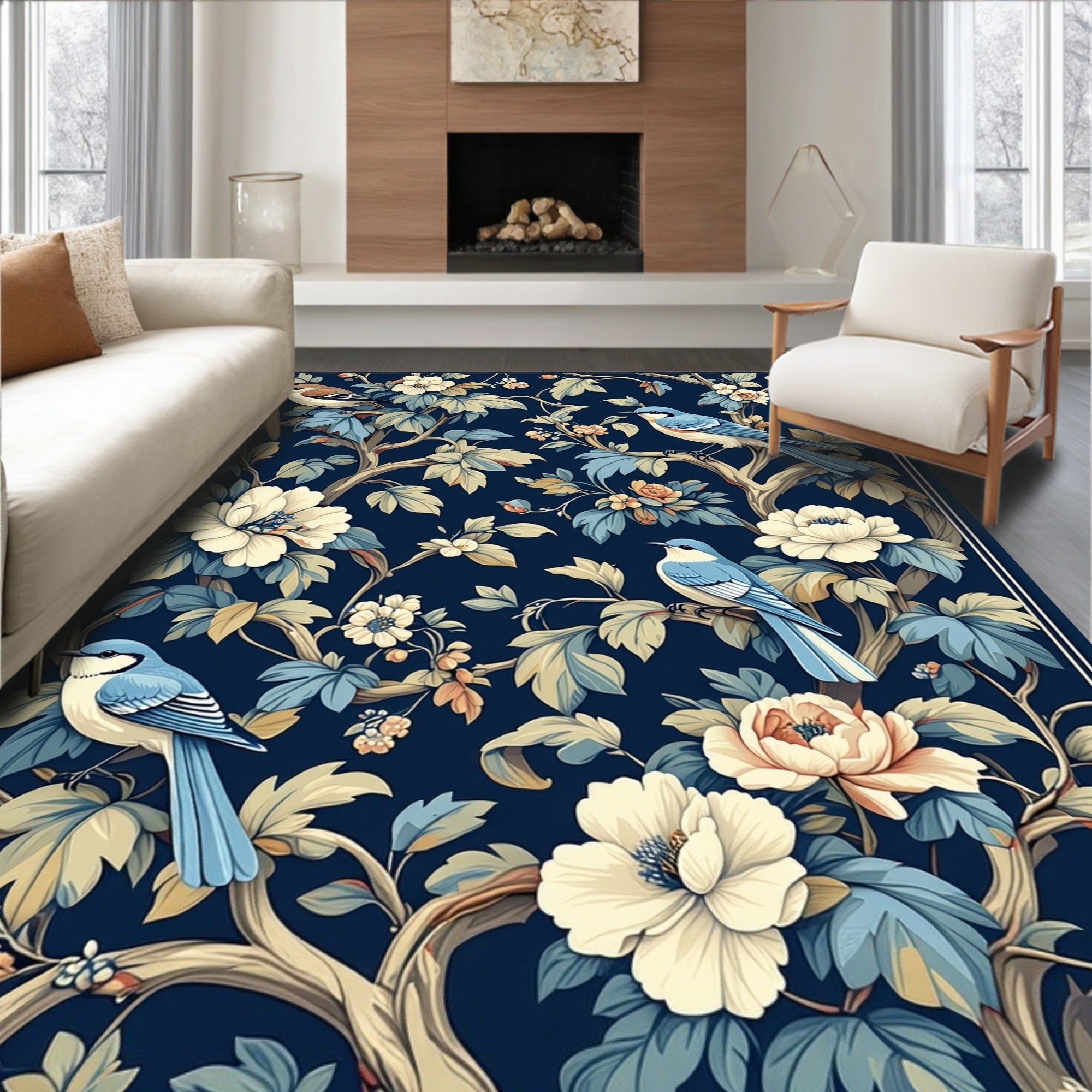 Birds and Blossoms Botanical Pattern Rug