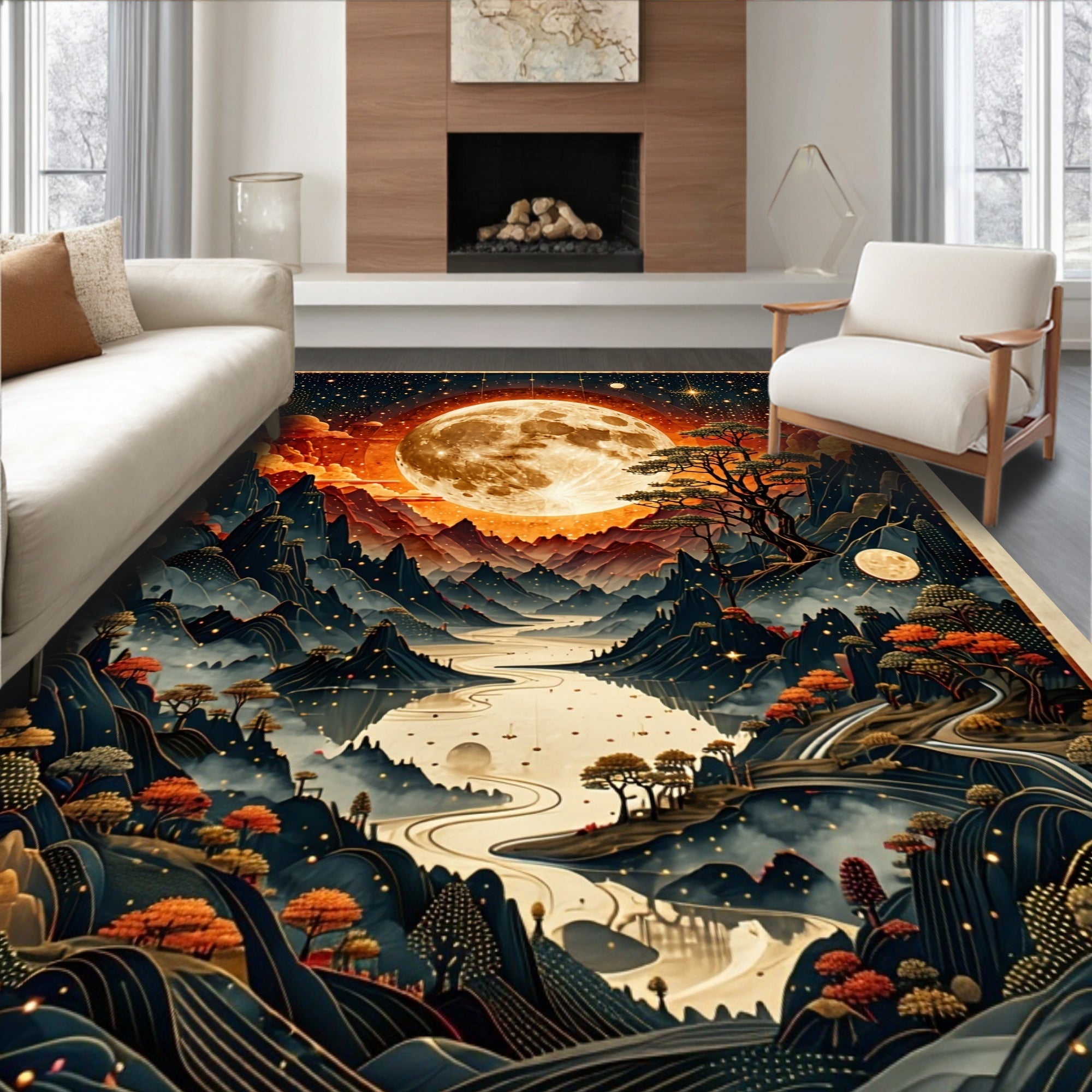 Mystical Moonlit Mountain River Landscape Rug