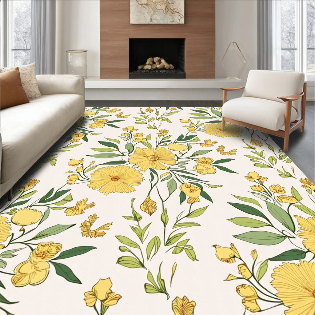 Yellow Floral Botanical Whimsical Pattern Rug