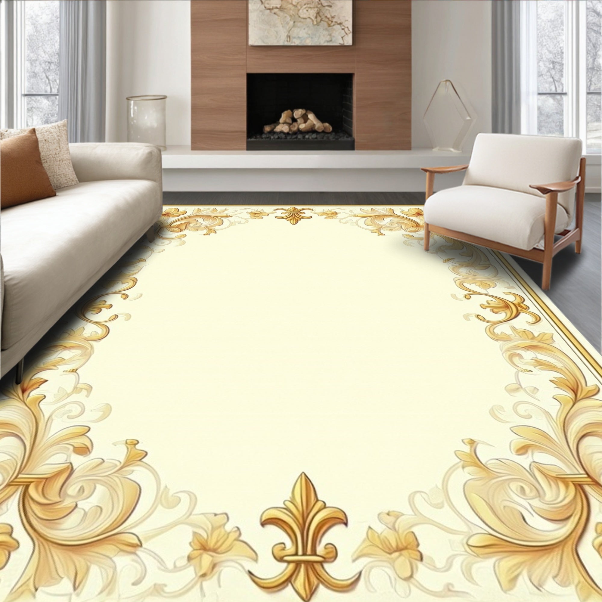 Ornate Gold Floral Scroll Border Rug