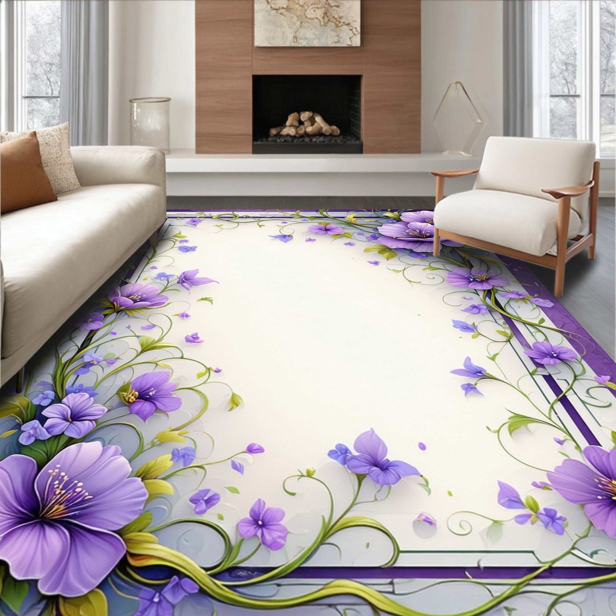 Whimsical Purple Floral Vines Rug