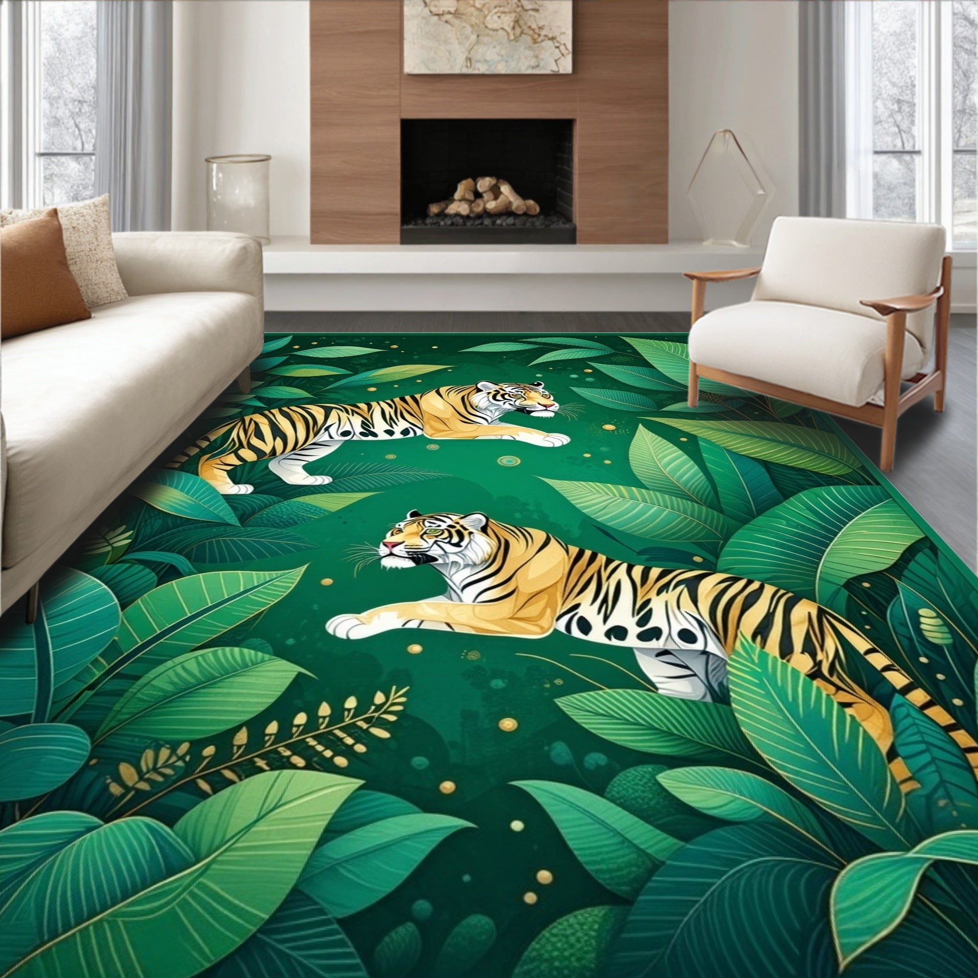 Jungle Tigers Tropical Lush Greenery Rug