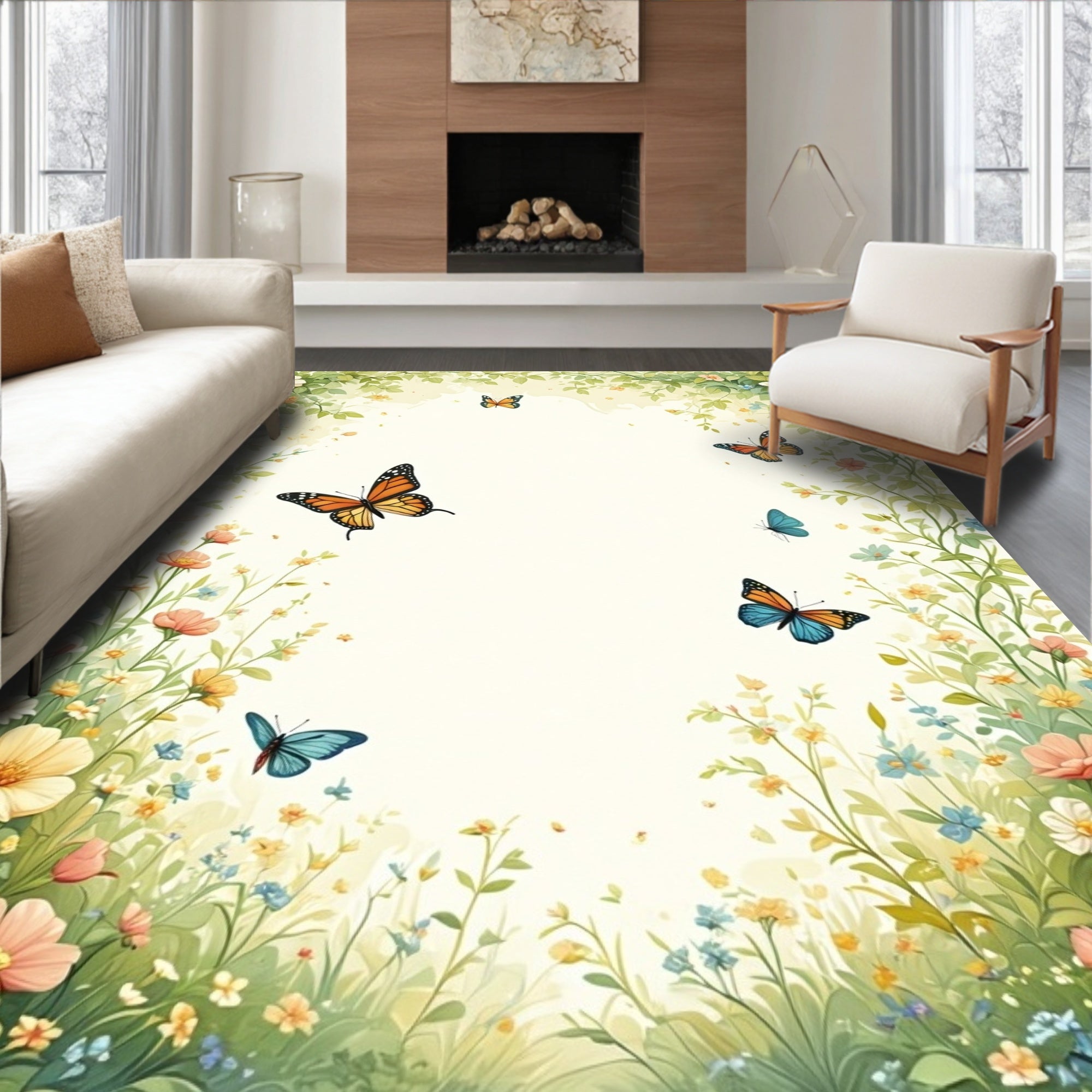 Whimsical Floral Butterfly Scene Rug