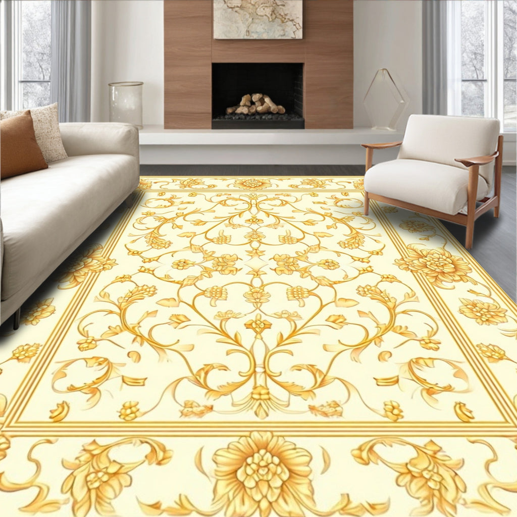 Ornate Gold Floral Vintage Design Rug