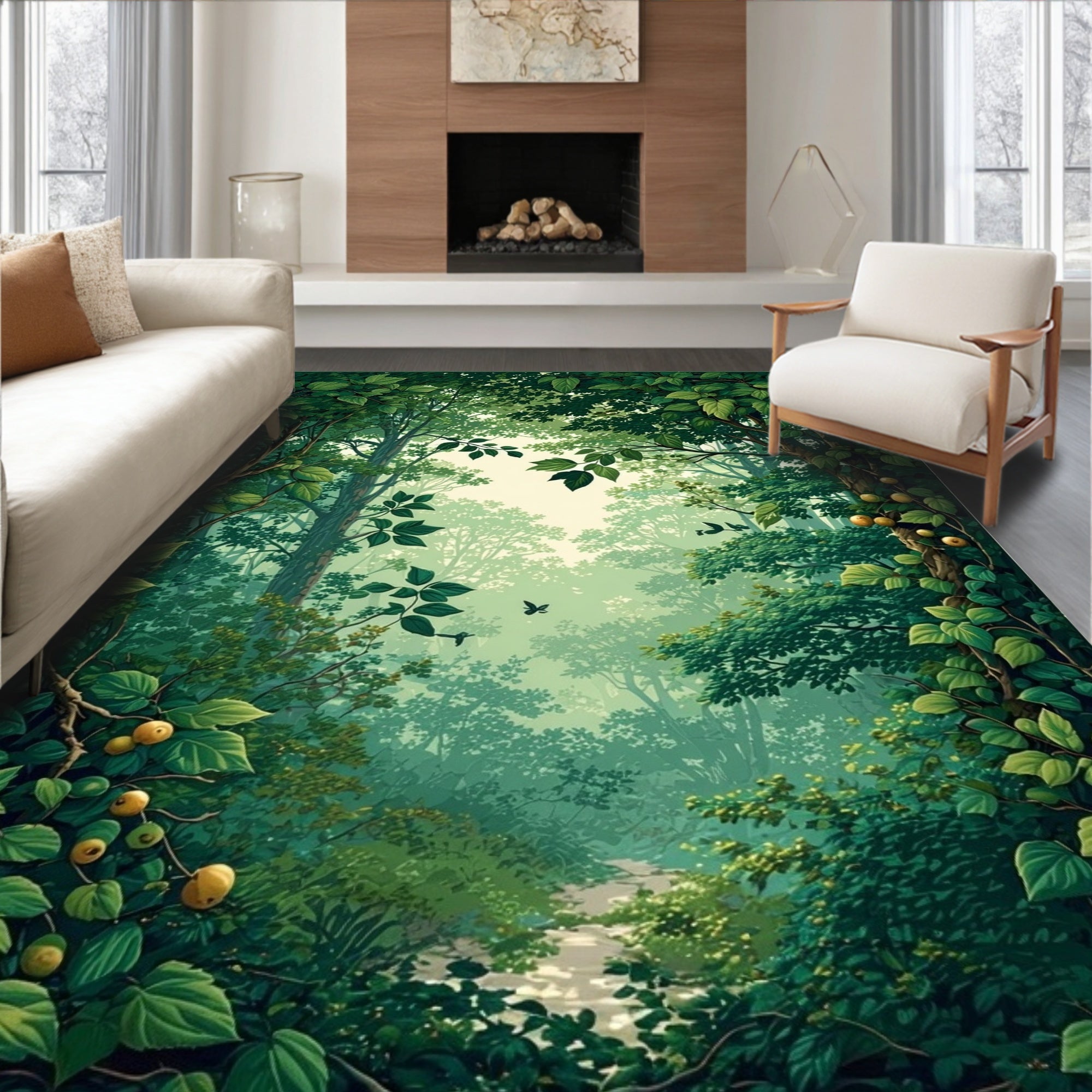 Lush Green Forest Path Design Rug