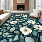 Elegant White Flower Blue Leaf Pattern Rug