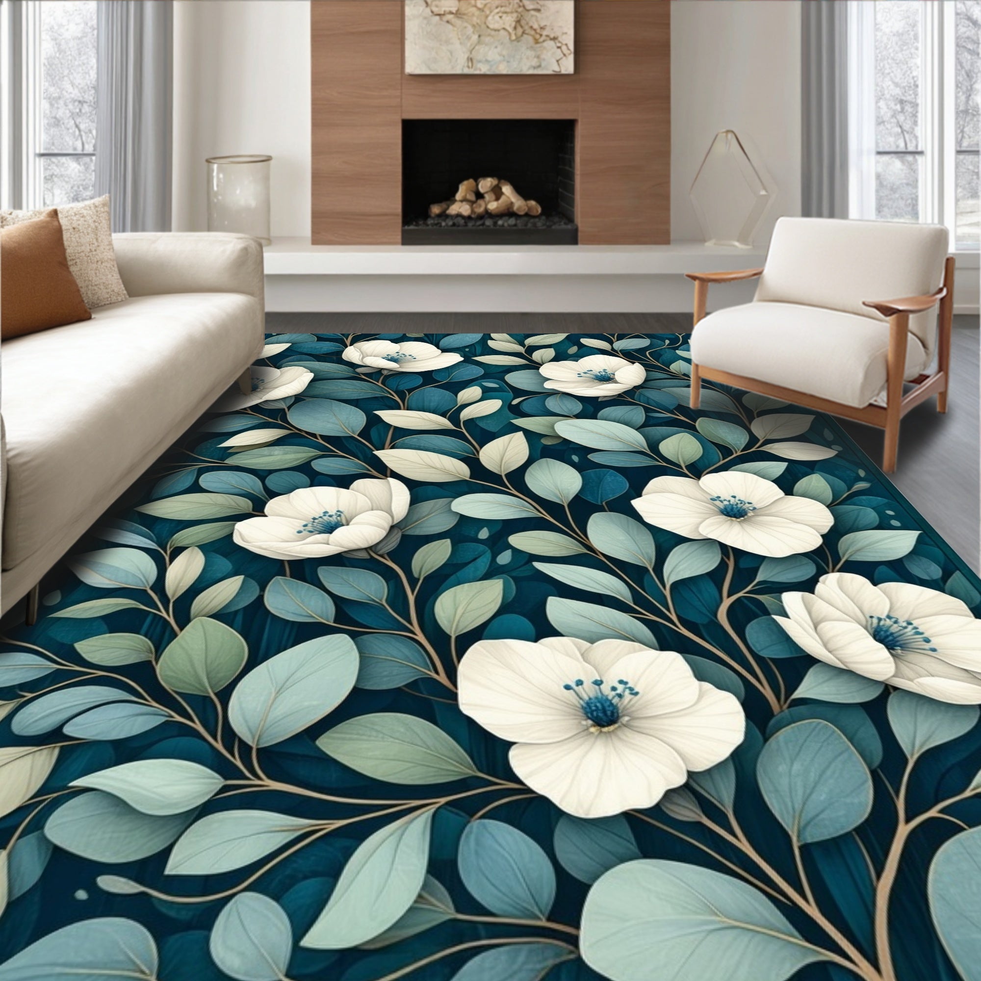 Elegant White Flower Blue Leaf Pattern Rug