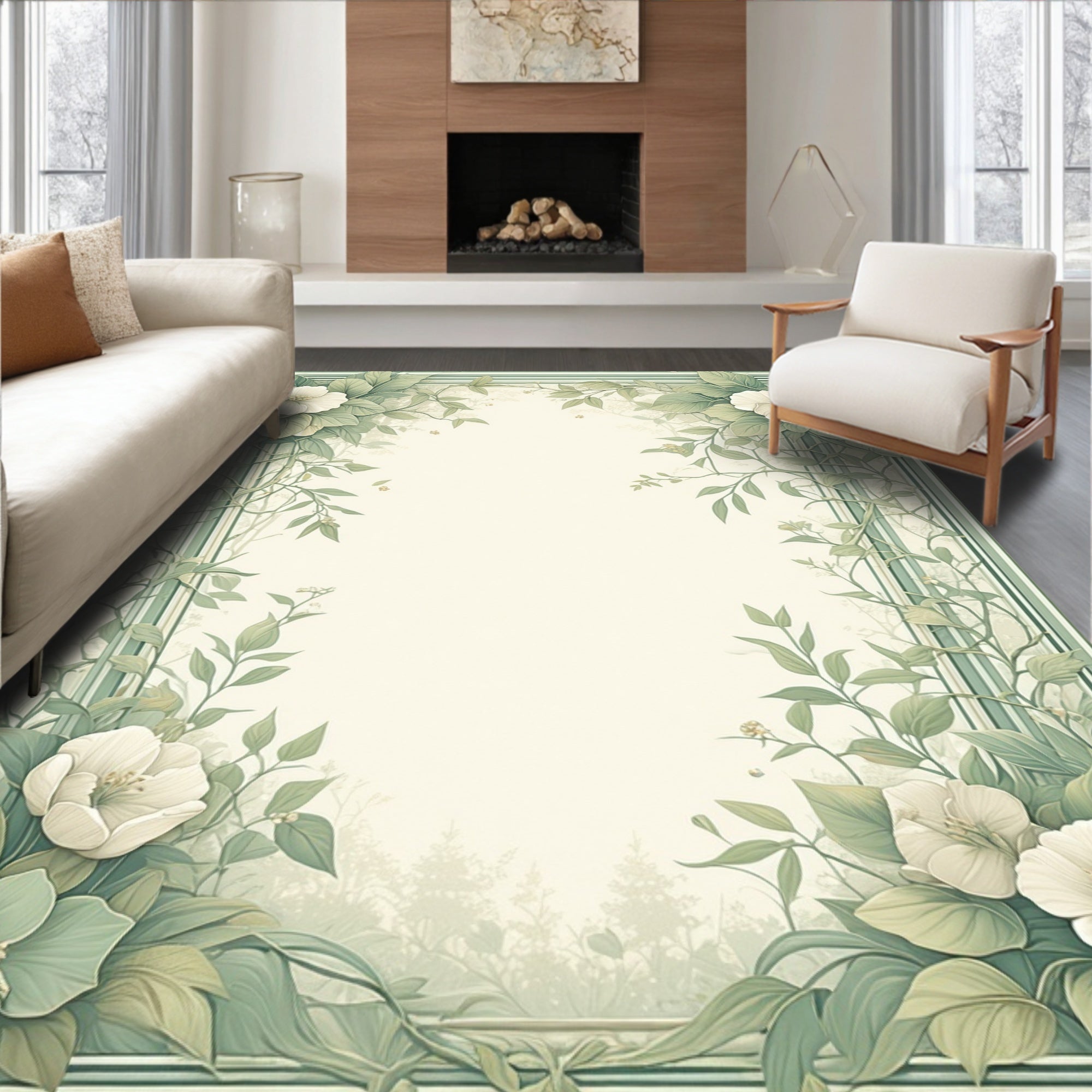 Serene Green Floral Vine Arrangement Rug