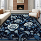 Elegant Blue Floral Rose Design Rug