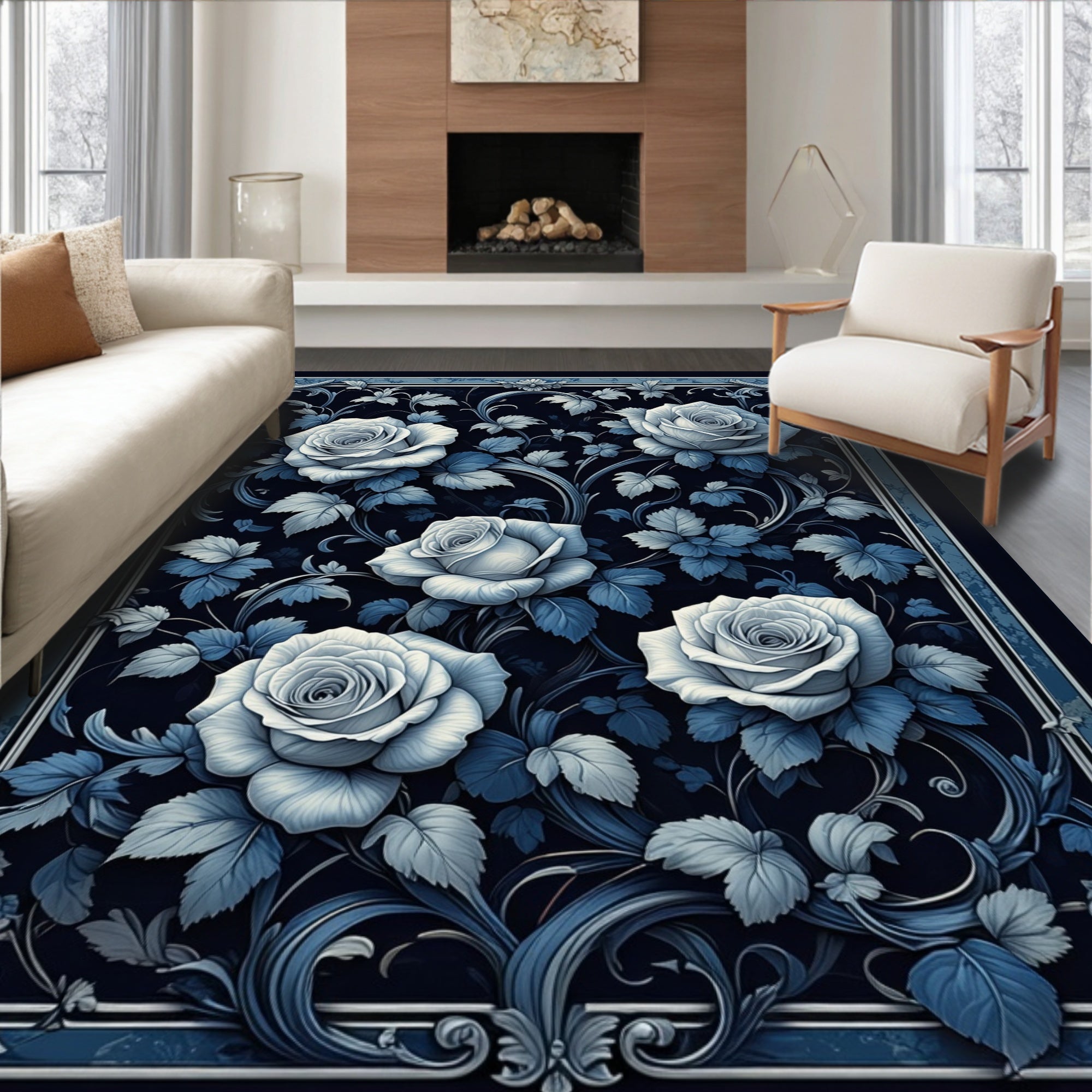 Elegant Blue Floral Rose Design Rug