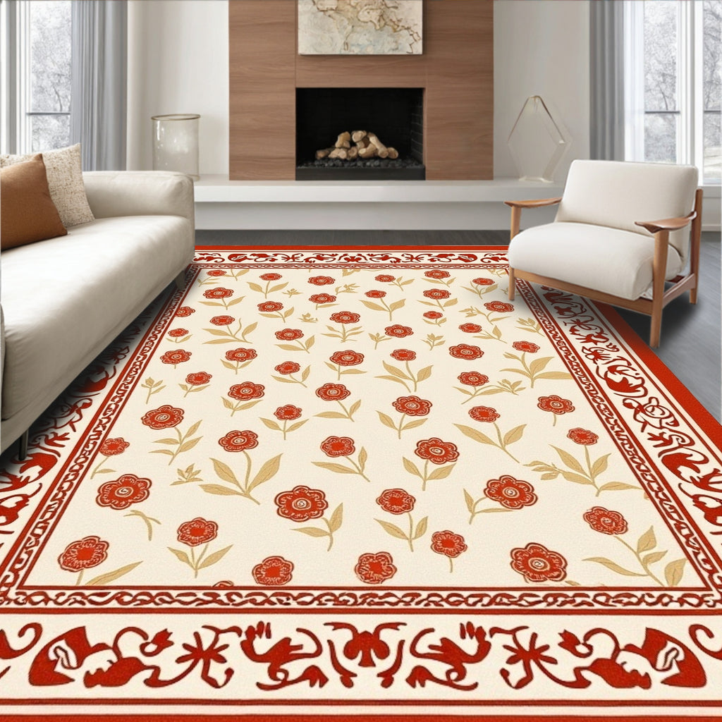 Red Floral Botanical Border Design Rug