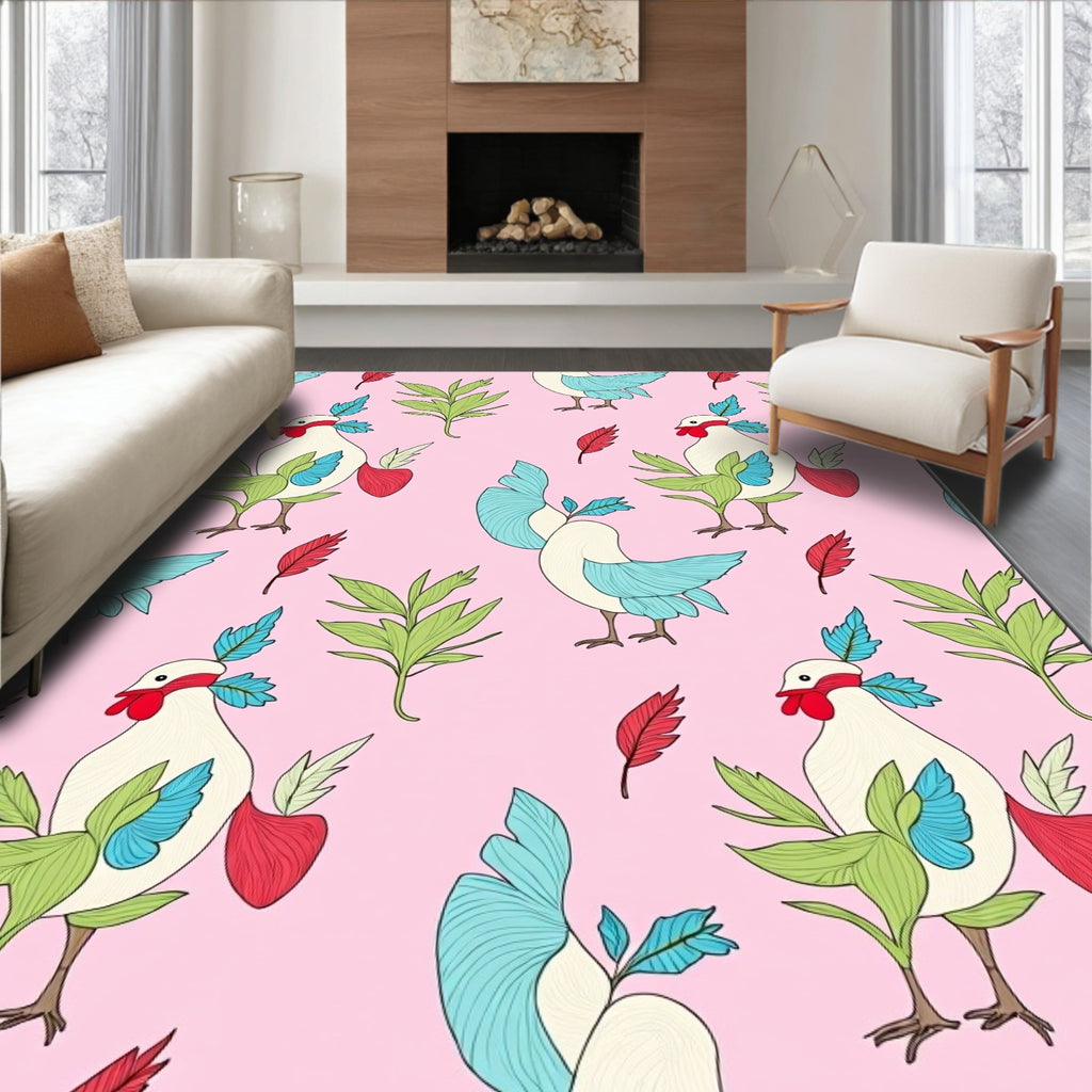 Pink Whimsical Rooster Floral Garden Rug