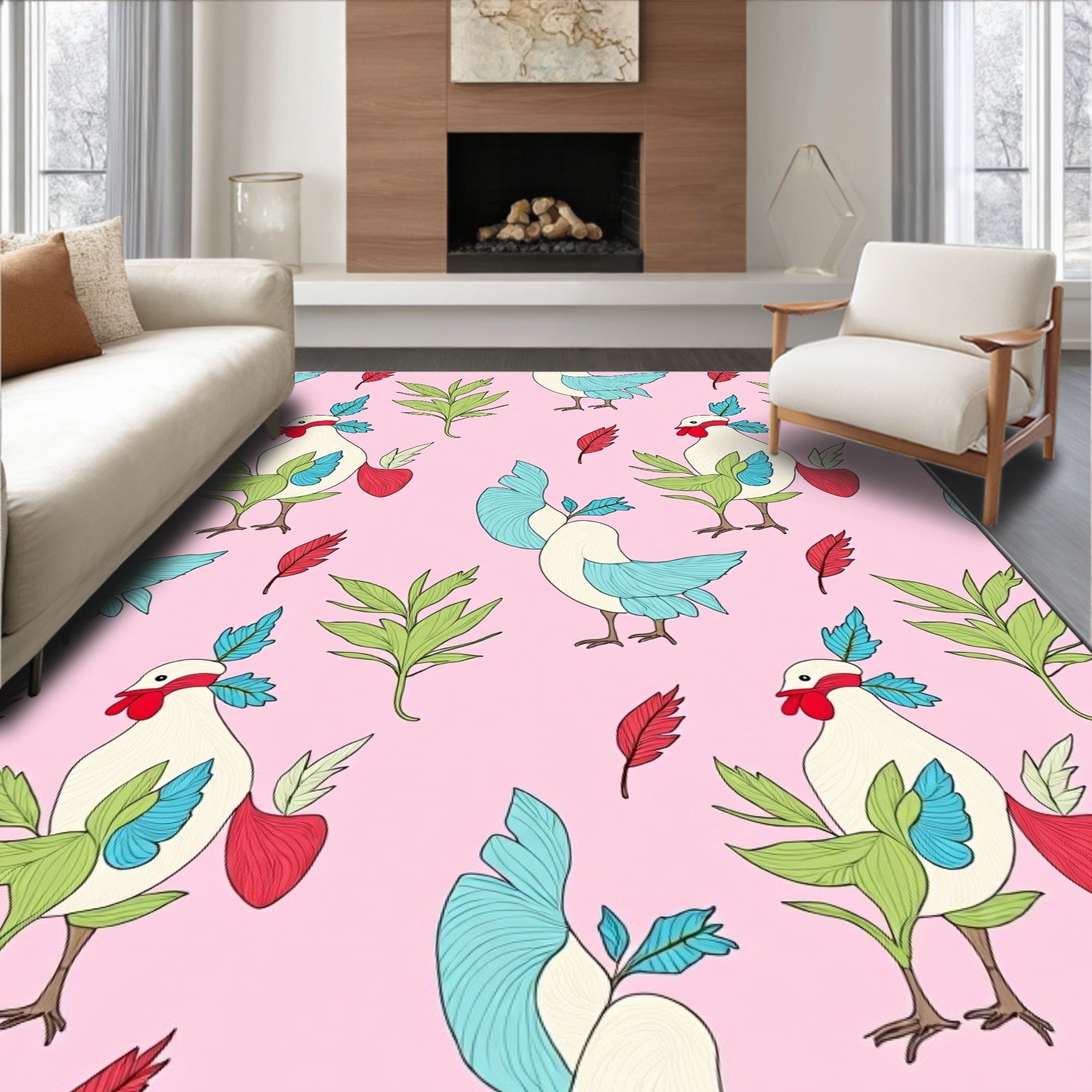 Pink Whimsical Rooster Floral Garden Rug