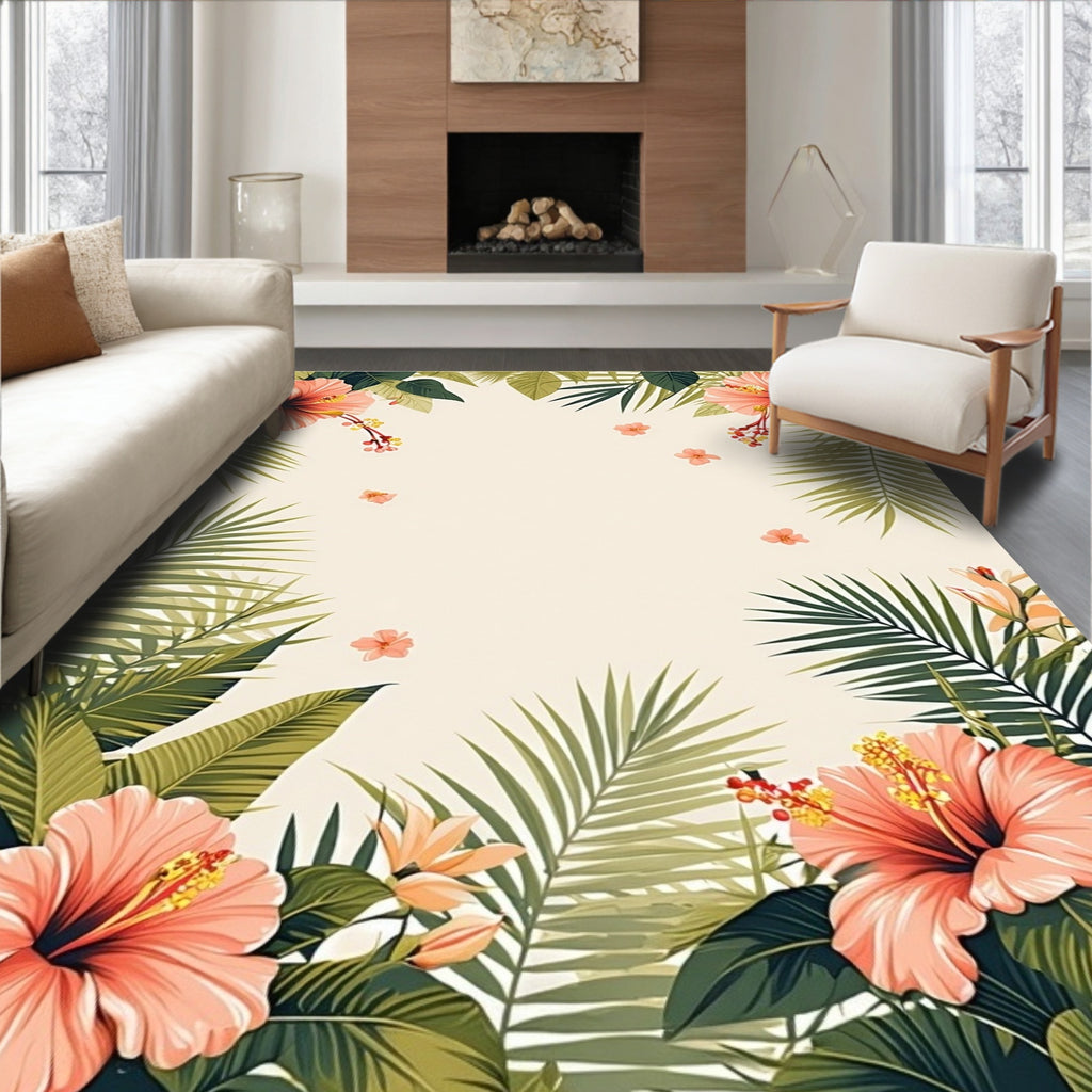 Tropical Floral And Palm Leaf Pattern Rug
