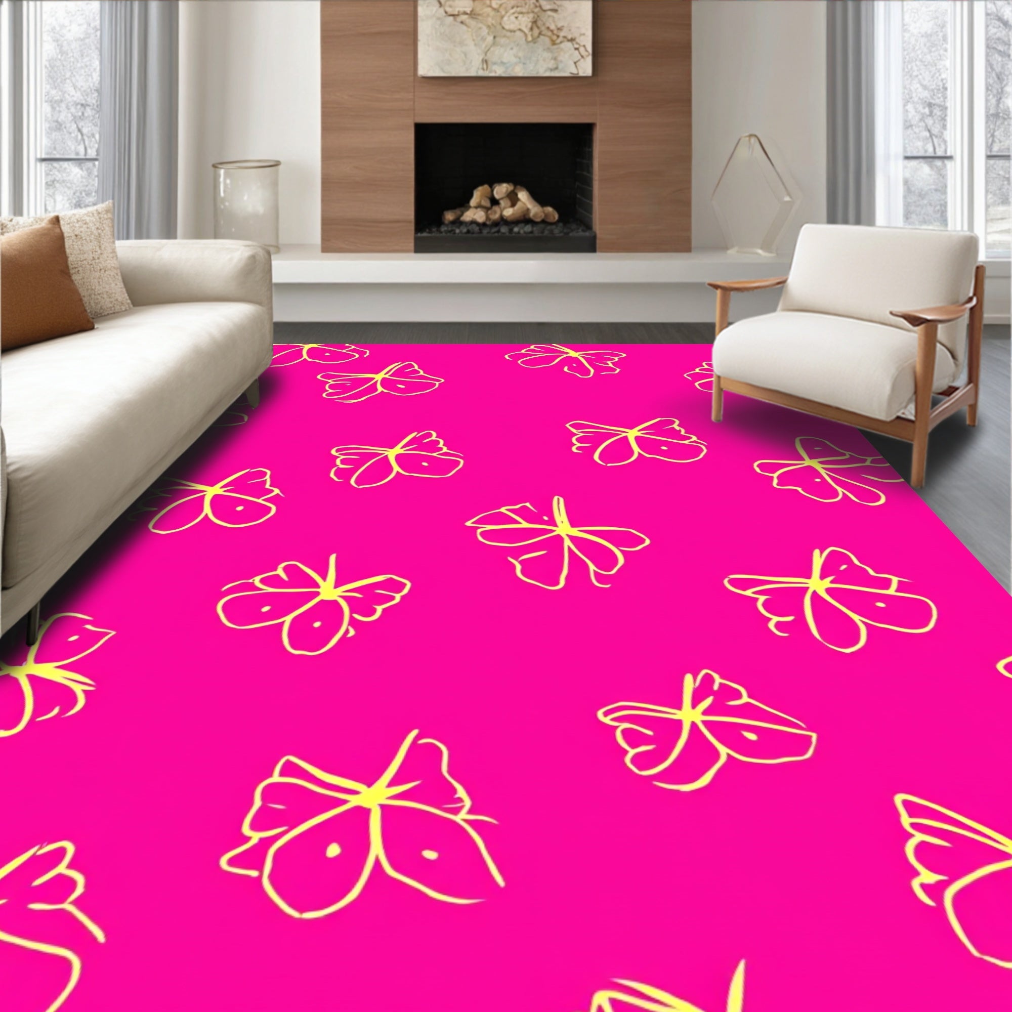 Bright Pink Butterfly Patterned Drawing Rug