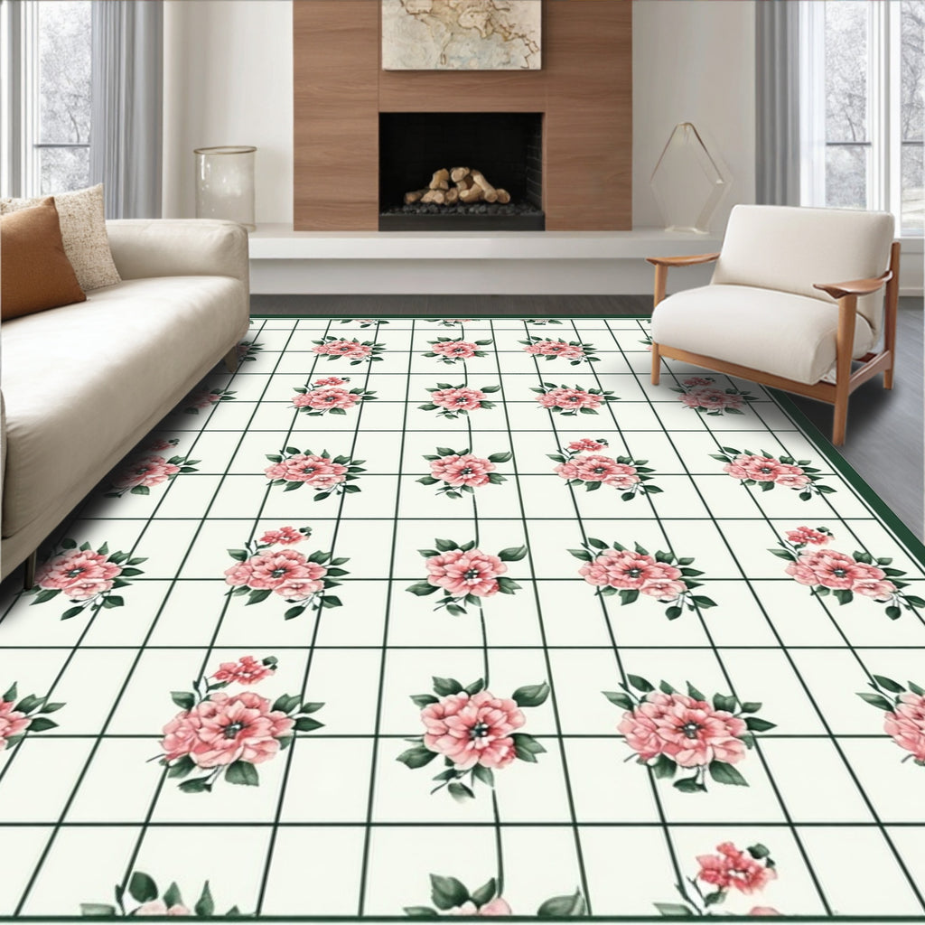 Grid Floral Patterned Pink Blossoms Rug