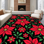 Bold Red Poinsettia Floral Black Rug