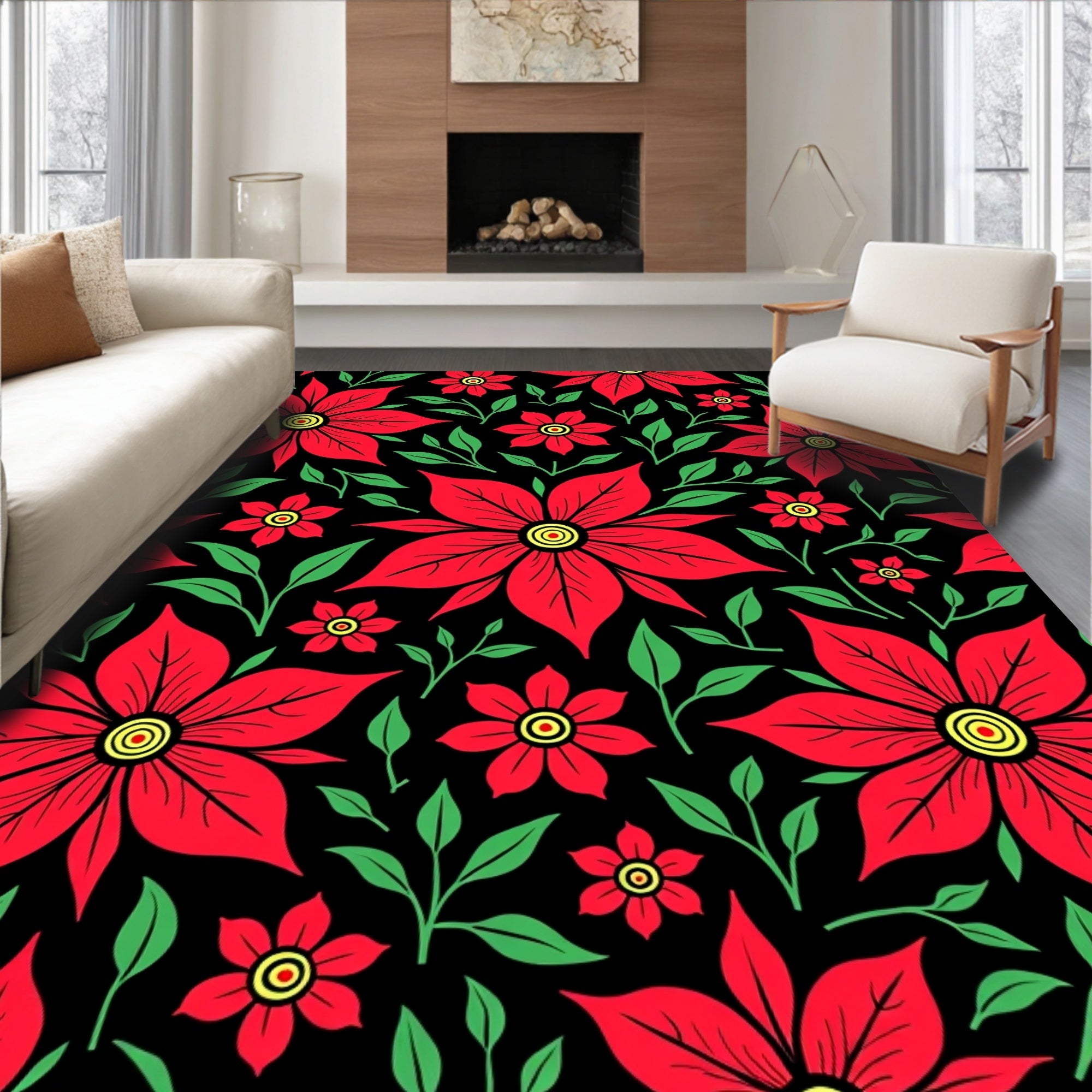 Bold Red Poinsettia Floral Black Rug