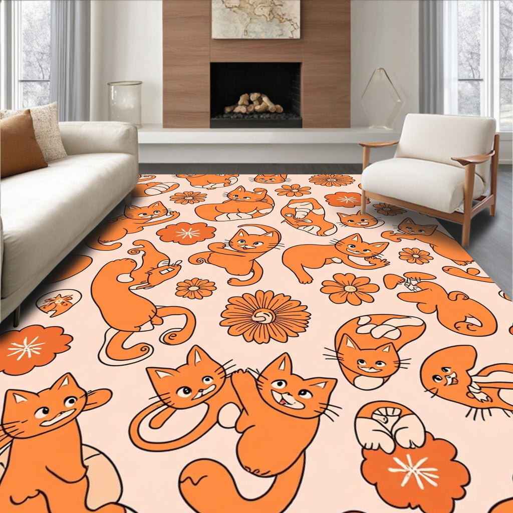 Groovy Orange Cat Flower Pattern Rug
