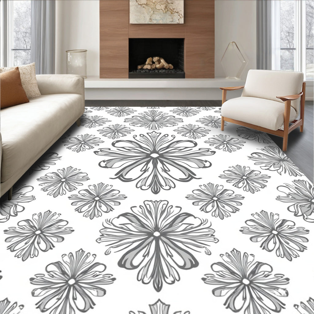 Ornate Grey Floral Pattern Rug