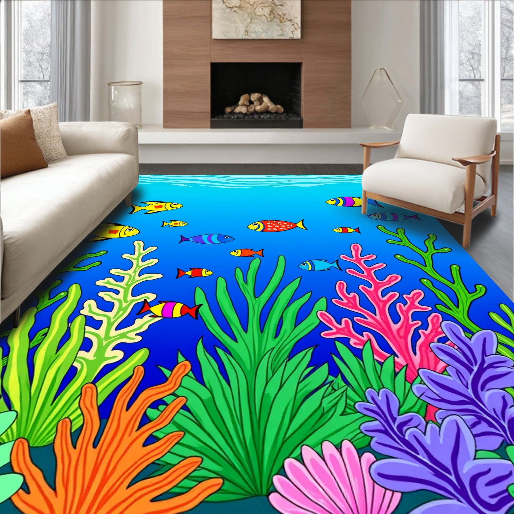 Bright Underwater Fish Coral Pattern Rug