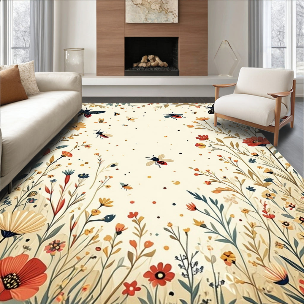 Whimsical Garden Bugs Flowers Pattern Rug