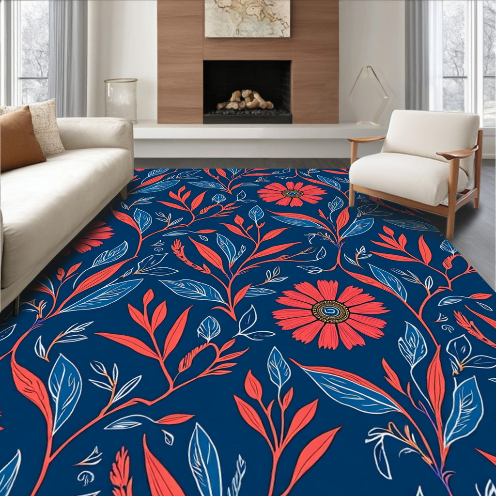 Coral Blue Blooming Floral Pattern Rug